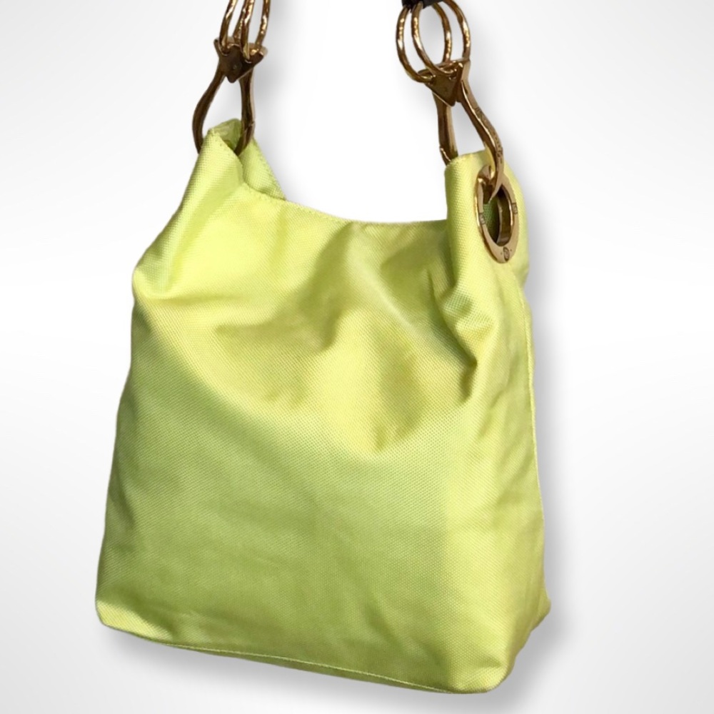 JPK PARIS 75 HOBO BUCKET SHOULDER BAG NYLON LEATHER STRAP NEON GREEN